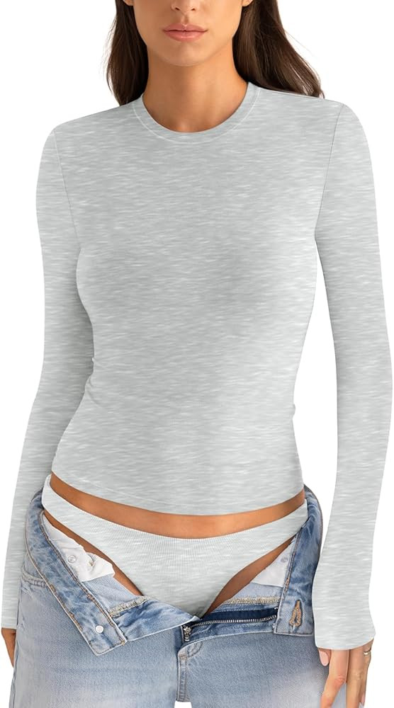 Womens Cotton Long Sleeve Shirts Crew Neck Fitted Basic Going Out Outfits Undershirt Spring Fall ... | Amazon (US)