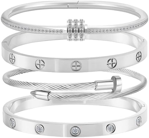 Stainless Steel Bangle Bracelet Set for Women - Silver/Gold Love Bangle Non Tarnish Jewelry with ... | Amazon (US)