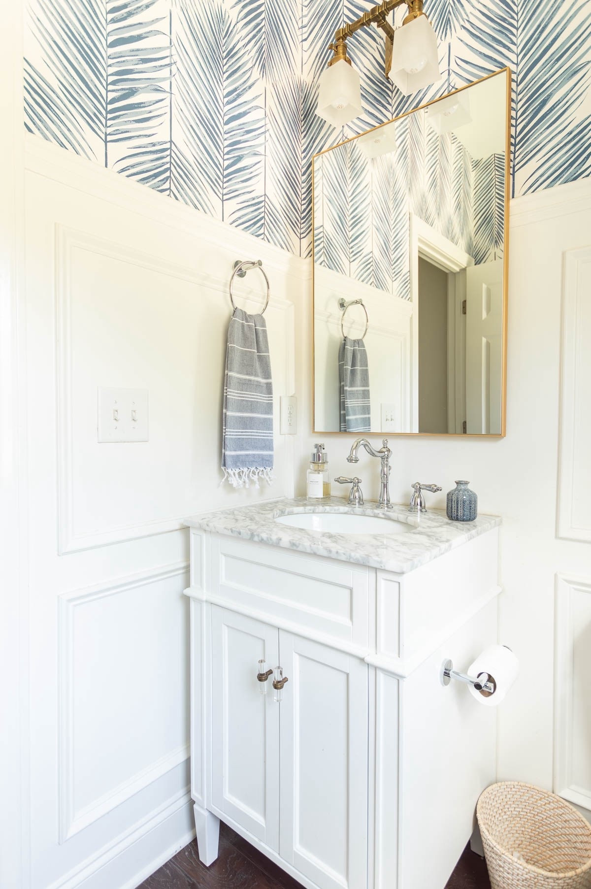 Just a little upkeep is needed to keep this blue and white powder room bright and crisp. home decor bathroom decor coastal powder room small white vanity bathroom faucet blue and white wallpaper

#LTKSaleAlert #LTKHome