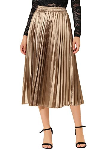 Allegra K Women Pleated Skirt Midi Length Elastic High Waisted A Line Metallic Shirring Party Skirts X-Large Gold-Brown | Amazon (US)