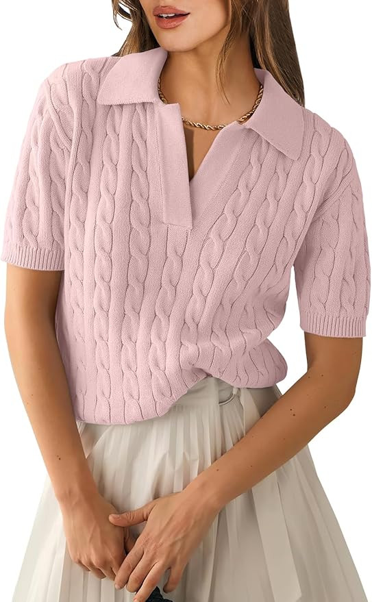 ANRABESS Women's Short Sleeve Sweaters Tops Polo V Neck Cable Knit Casual Soft Pullover Shirts 20... | Amazon (US)