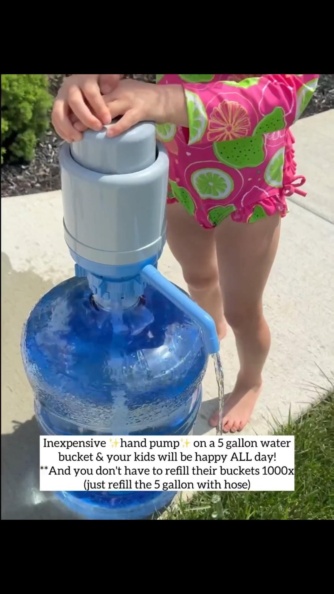 Inexpensive hand pump on a 5 gallon water bucket & your kids will be happy ALL day!

**And you don't have to refill their buckets 1000x (just refill the 5 gallon with hose)

#LTKKids #LTKSwim #LTKSeasonal