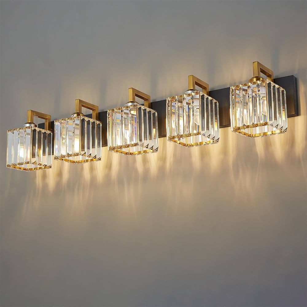 Modern Bathroom Vanity Light 5-Lights Black Gold Crystal Wall Lamp Bathroom Modern Crystal Vanity... | Amazon (US)