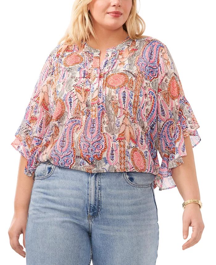 Vince Camuto Plus Size Paisley Print Flutter Sleeve Pleated Top - Macy's | Macy's