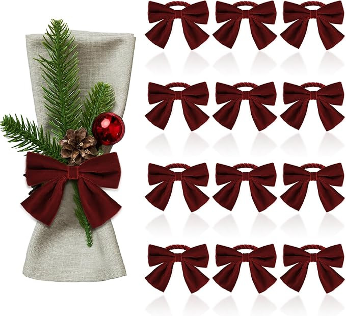 12 Pcs Burgundy Red Christmas Napkin Rings Bow Chic Velvet Xmas Napkin Buckle Holder Rings for Ho... | Amazon (US)