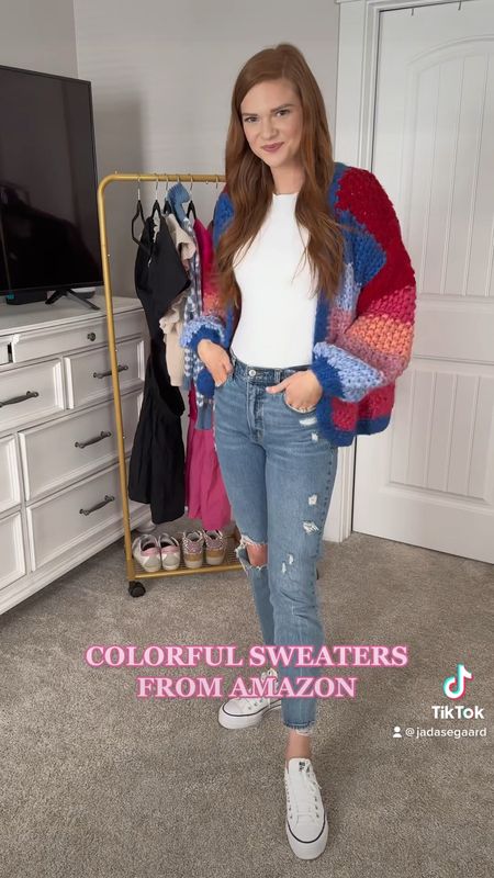 Colorful winter sweater outfit ideas from Amazon. First sweater is Show Me Your Mumu! The striped oversized cardigan with puffy sleeves is BLANKNYC🤍💗 

#LTKSeasonal #LTKstyletip #LTKunder100