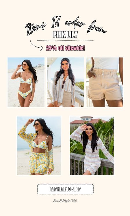 25% off at Pink Lily Boutique! No code needed. 25% is taken off prices shown. Items I'd order from Pink Lily: lemon print bikini swimsuit, tan striped open knit button down cardigan, beige high waist paper bag shorts, chiffon lemon print button down, lemon print shorts, striped knit swimsuit coverup dress.

#LTKsalealert #LTKtravel #LTKswim