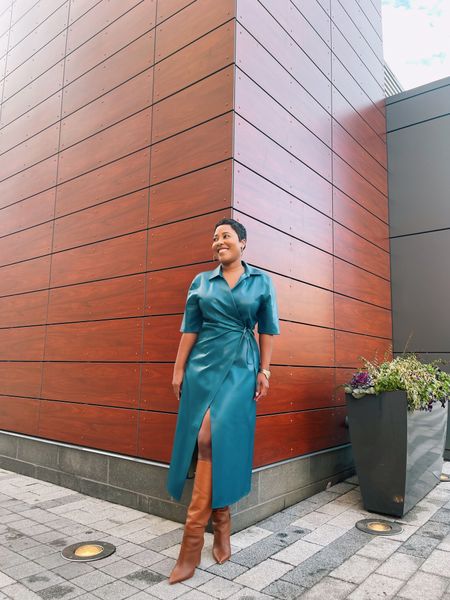 Blue leather wrap dress
Brown tall boots 

#workoutfit
#businesscasual
#wrapdress

#LTKFind #LTKSeasonal #LTKstyletip