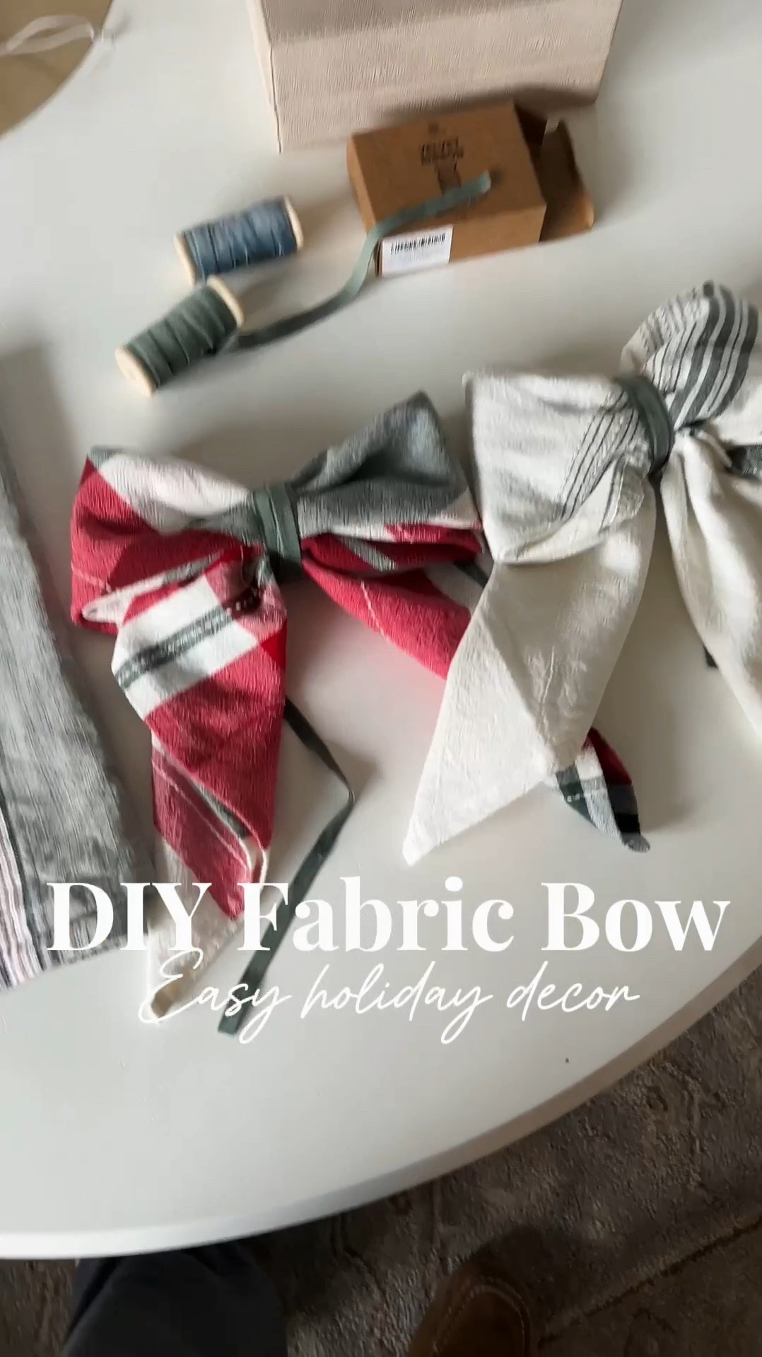 I’ve linked this year’s Hearth & Hand tea towels for you—they release new ones each season. To make the bow, fold the towel into a triangle, then fold again into a long rectangle. Flip each end toward the center to form the bow shape, and tie it in the middle with a velvet ribbon. 