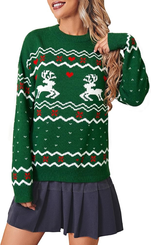 Miessial Women's Knitted Christmas Pattern Sweater Comfy Crewneck Long Sleeve Pullover Sweater | Amazon (US)