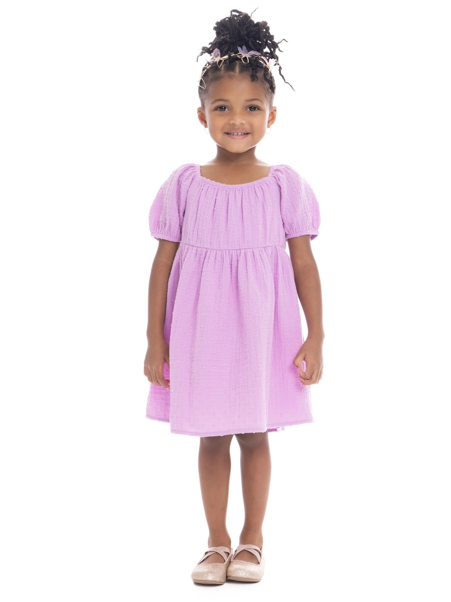 Wonder Nation Toddler Girl Cotton Swiss Dot Dress with Puff Sleeves, Sizes 12M-5T | Walmart (US)