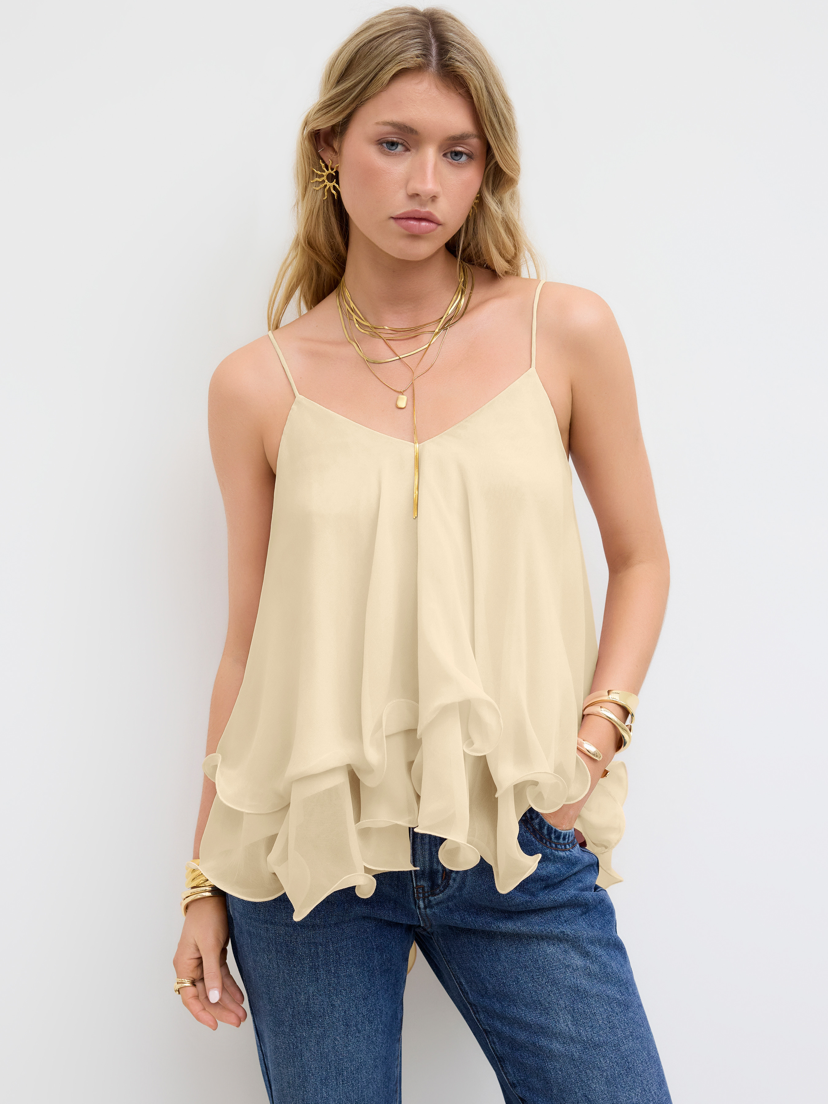 Woven Ruffle Hem Knotted Layered Mesh Cami Top For Daily Casual | Cider