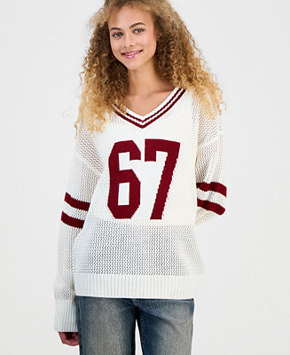 Juniors' Open-Knit Varsity Sweater | Macy's