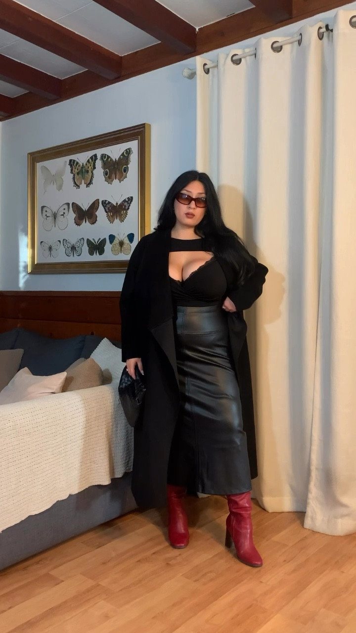 All black winter outfit with a pop of red 
❤️ VDay Outfit Inspo 
*wearing a size 14 in the skirt

#LTKPlusSize #LTKStyleTip #LTKMidsize
