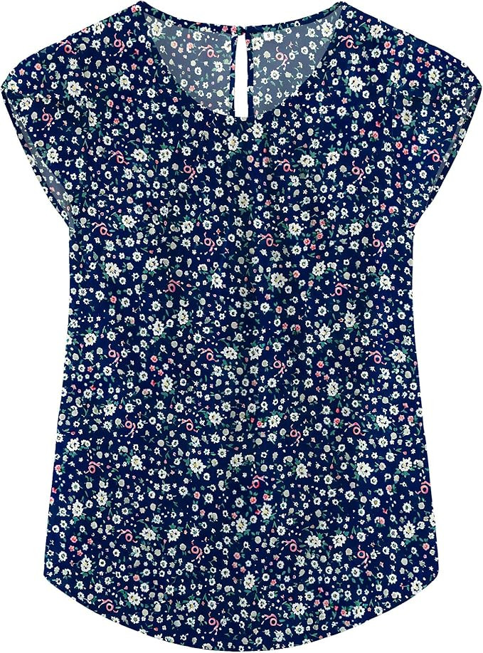 TASAMO Women's Casual Round Neck Basic Pleated Top Cap Sleeve Curved Keyhole Back Chiffon Blouse | Amazon (US)