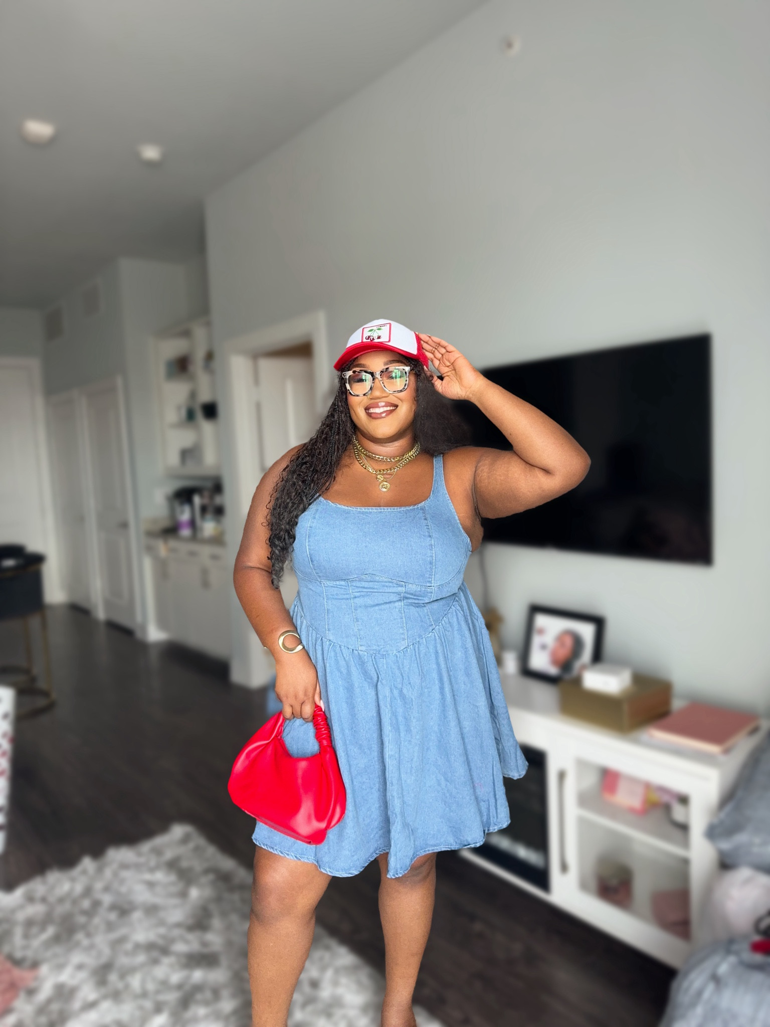 white christmas dresses Chic and Trendy: Plus Size Denim Dress with Lace Trimmed Puff Sleeves main image 1