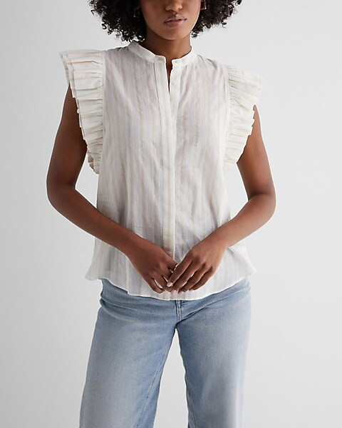 Metallic Striped Flutter Sleeve Button Up Gramercy Tee | Express