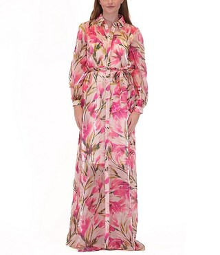 Floral Print Chiffon Point Collar Neck Belted Button Front Maxi Shirt Dress | Dillard's