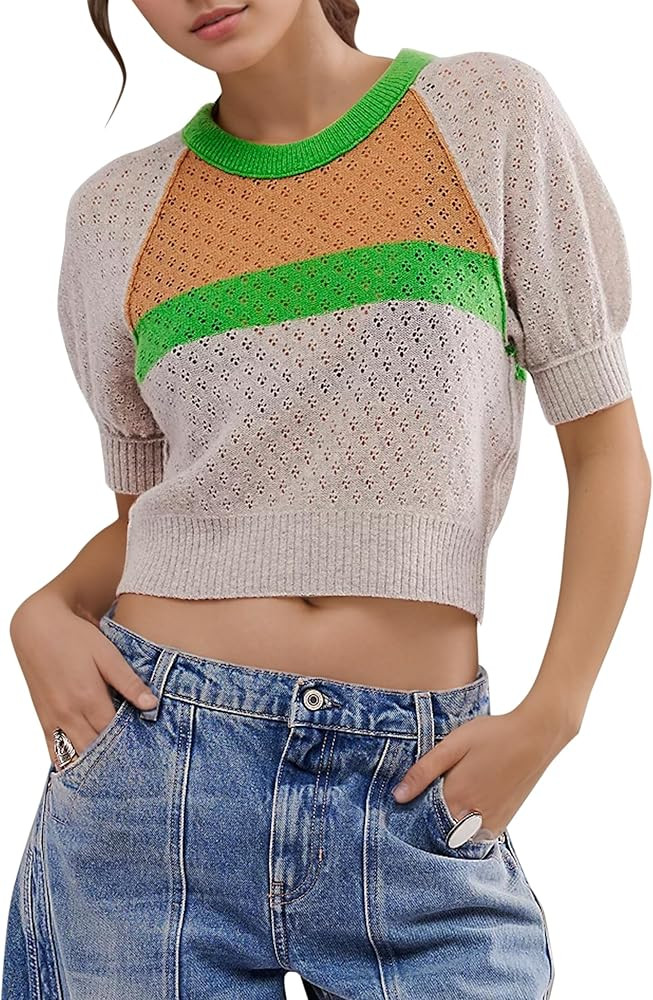 Women's Puff Short Sleeve Crop Sweater Crewneck Slim Fit Color Block Lightweight Pointelle Knit P... | Amazon (US)