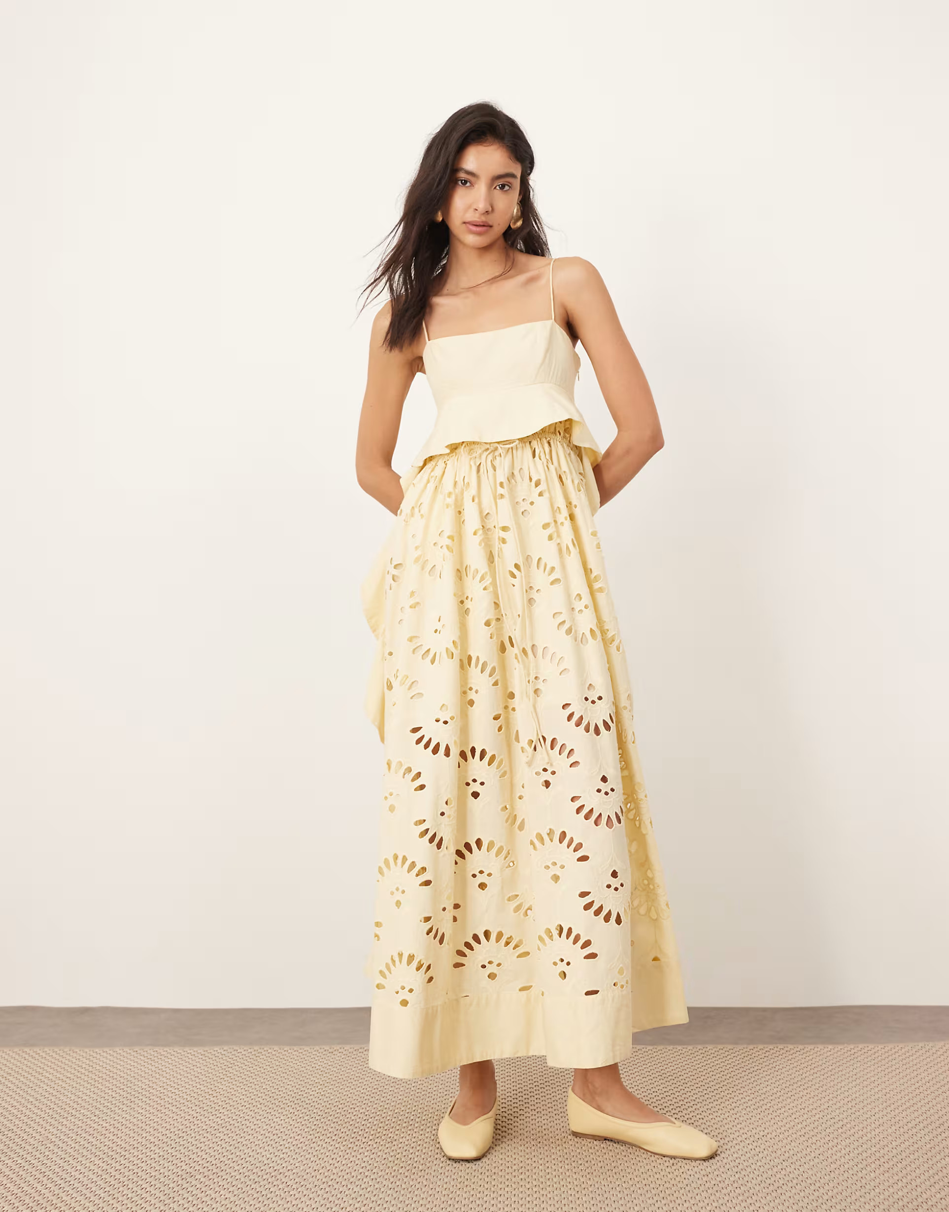 ARRANGE contrast broderie empire cami midi dress with ruffle detail in buttermilk | ASOS | ASOS (Global)