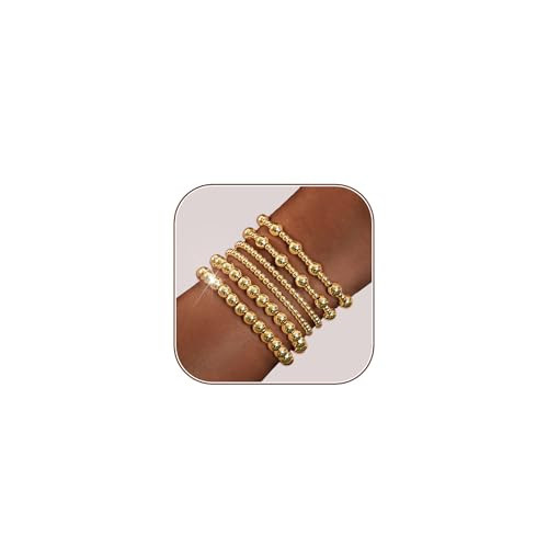 HERIER Gold Bracelets for Women 14K Gold Plated Stretch Gold Beaded Bracelets for Women Trendy Stackable Bead Ball Bracelet Gold Jewelry | Amazon (US)