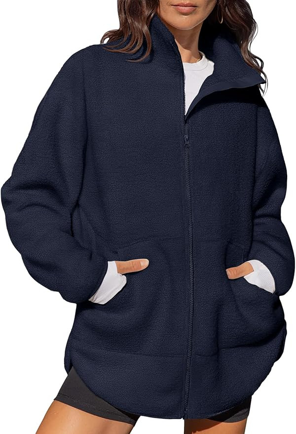 LASLULU Womens Full Zip Fleece Long Jacket Sherpa Oversized Sweatshirts Stand Collar Winter Coat ... | Amazon (US)