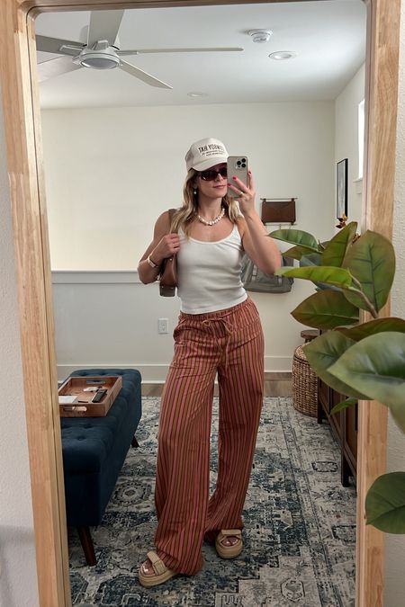 4/13/24 Casual coffee shop outfit of the day 🫶🏼 Linen pants, striped linen pants, free people style, free people outfits, spring fashion 2024, spring fashion trends, summer outfits, summer fashion 2024, platform sandals, dad sandals, spring sandals, summer sandals

