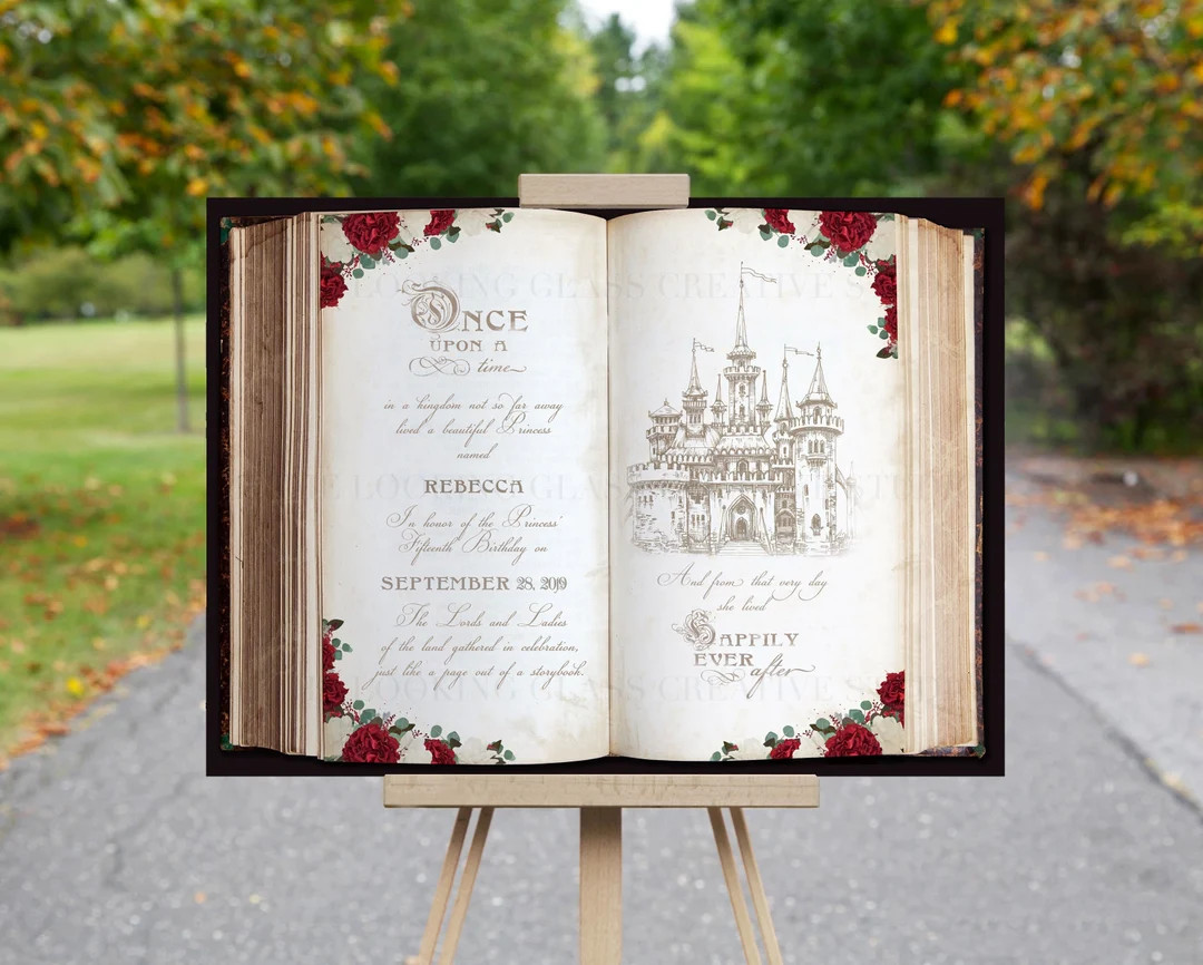 Beauty and the Beast Inspired Birthday Welcome Sign Open Book Design Red Flowers Gold Castle Pers... | Etsy (US)