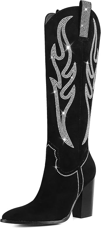 Celbreez Suede Knee High Boots for Women Rhinestones Embroidered Cowboy Boots Pointed Toe Chunky ... | Amazon (US)