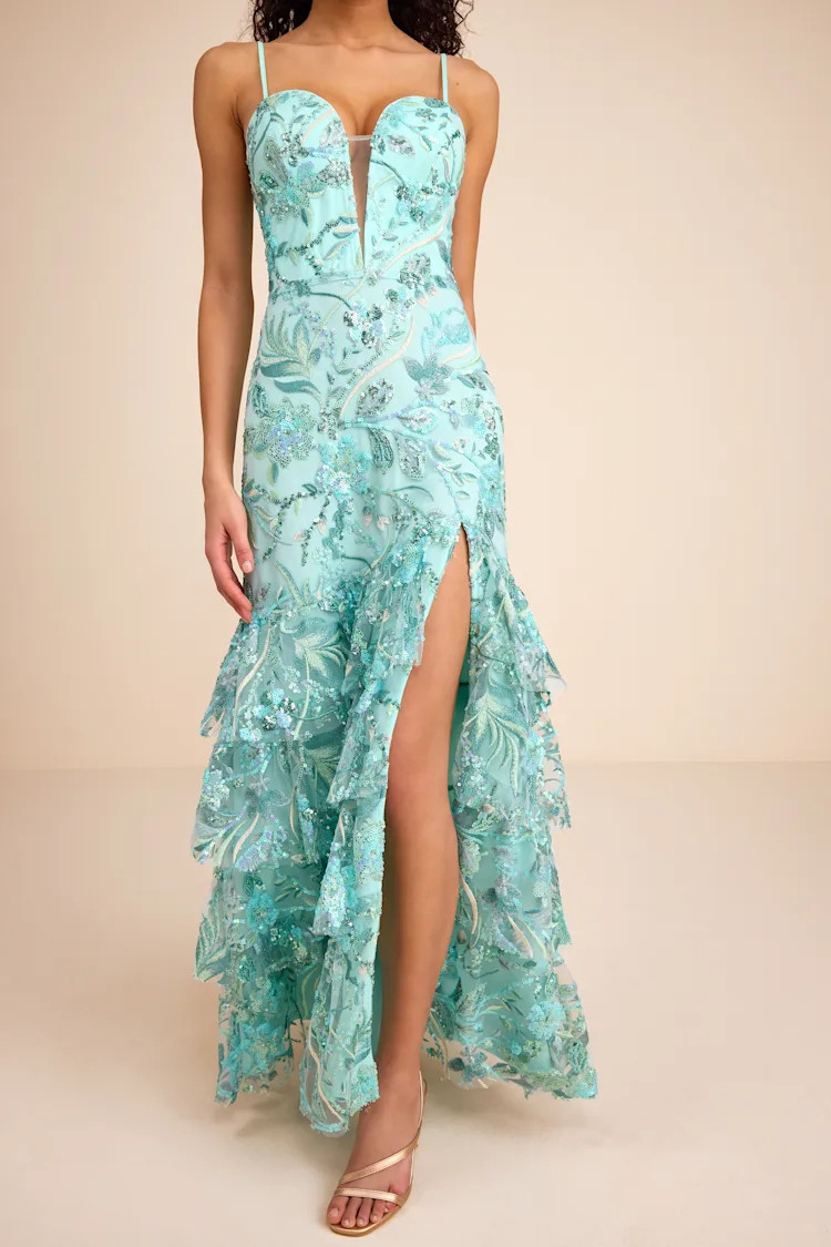 Angele Mint Blue Sequin Embroidered Tiered Maxi Dress | spring maxi dress | summer maxi dress  | Lulus