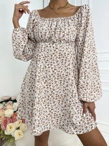 Scoop Neck Ditsy Floral Print Lantern Sleeve Dress | SHEIN