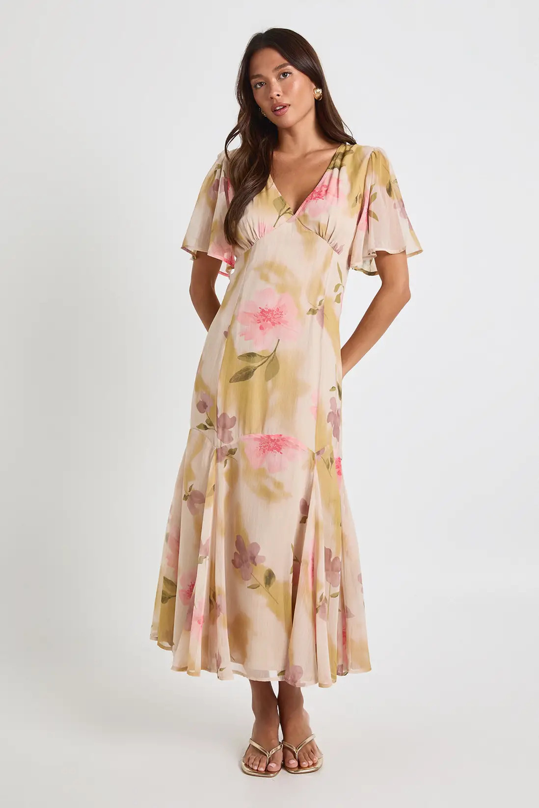 Cream Floral Angel Sleeve Midaxi Dress | Boohoo | Boohoo.com (UK & IE)