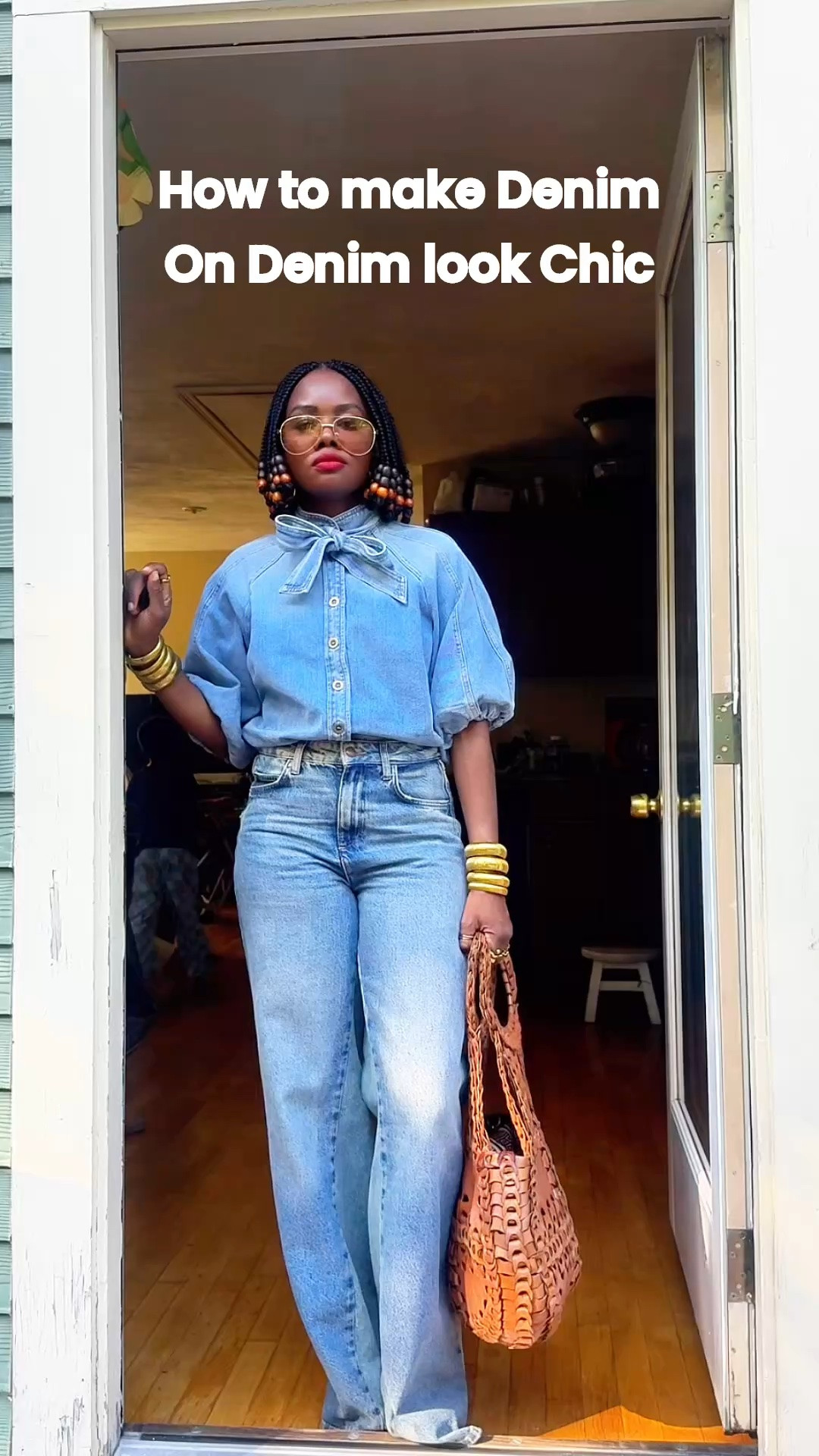 Denim on denim outfit for women over 40. Keeping this fall look simple with a tie-front denim shirt, high-waisted wide leg jeans, sandals and easy accessories.
#denimondenim #falloutfit #over40style #widelegjeans #fallfashion