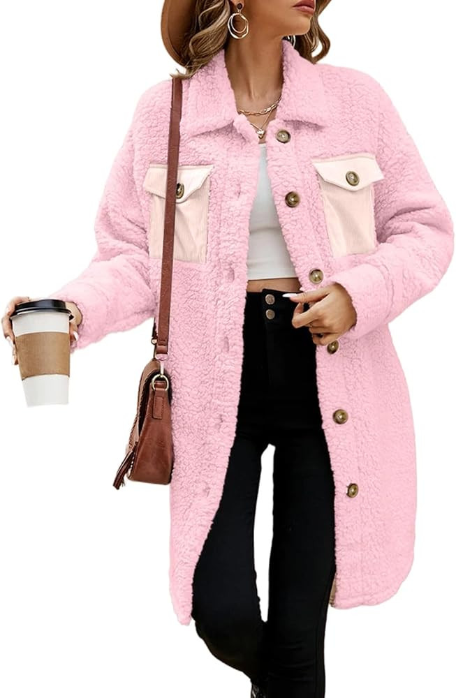 EVALESS Fuzzy Fleece Jackets for Women Fashion Long Sleeve Lapel Button Down Long Teddy Coat Faux... | Amazon (US)