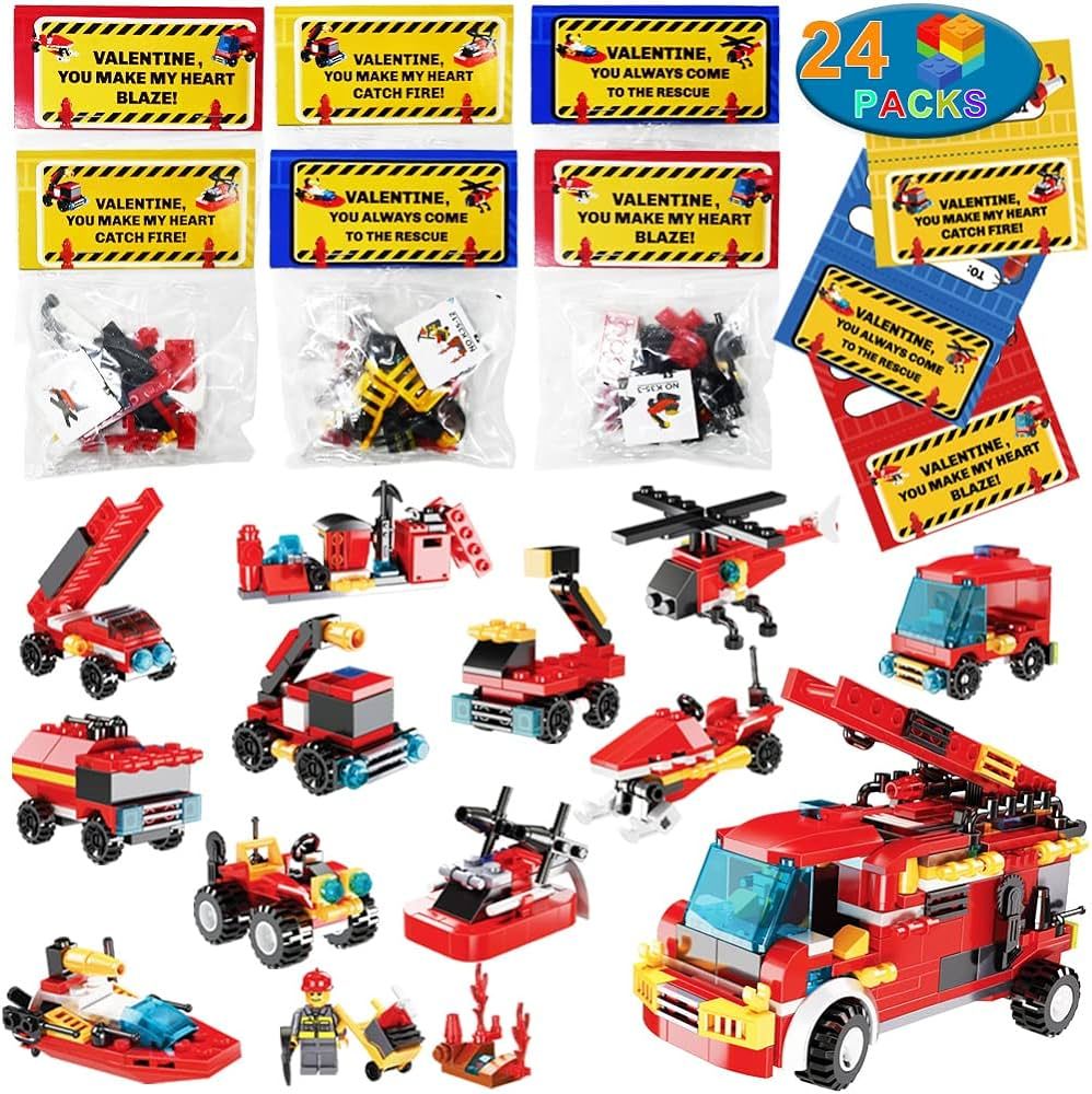 WODMAZ 24 Packs Valentines Day Cards with Fire Rescue Vehicles Building Blocks Set for Kids Valen... | Amazon (US)