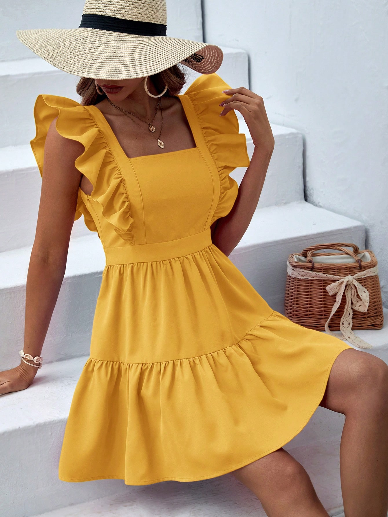 SHEIN VCAY Women's Square Neckline Ruffle Trim Dress | SHEIN