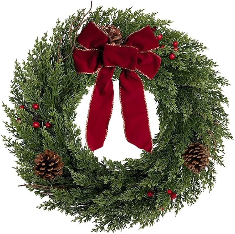 Christmas Wreaths for Front Door 24 Inch Real Touch Cedar Wreath with Berries Pinecones Double Ir... | Amazon (US)