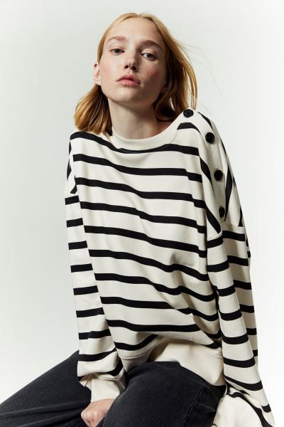 Button-detail sweatshirt - Cream/Black striped - Ladies | H&M GB | H&M (UK, MY, IN, SG, PH, TW, HK)