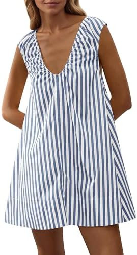 Women's Sleeveless Babydoll Tank Mini Dress Scoop Neck Ruched Bubble Dress with Pockets Short Sum... | Amazon (US)