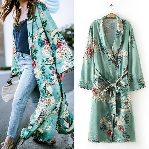 Womens Floral Print Loose Shawl Kimono Blouse Long Cardigan Pajamas Coat Jacket | Walmart (US)