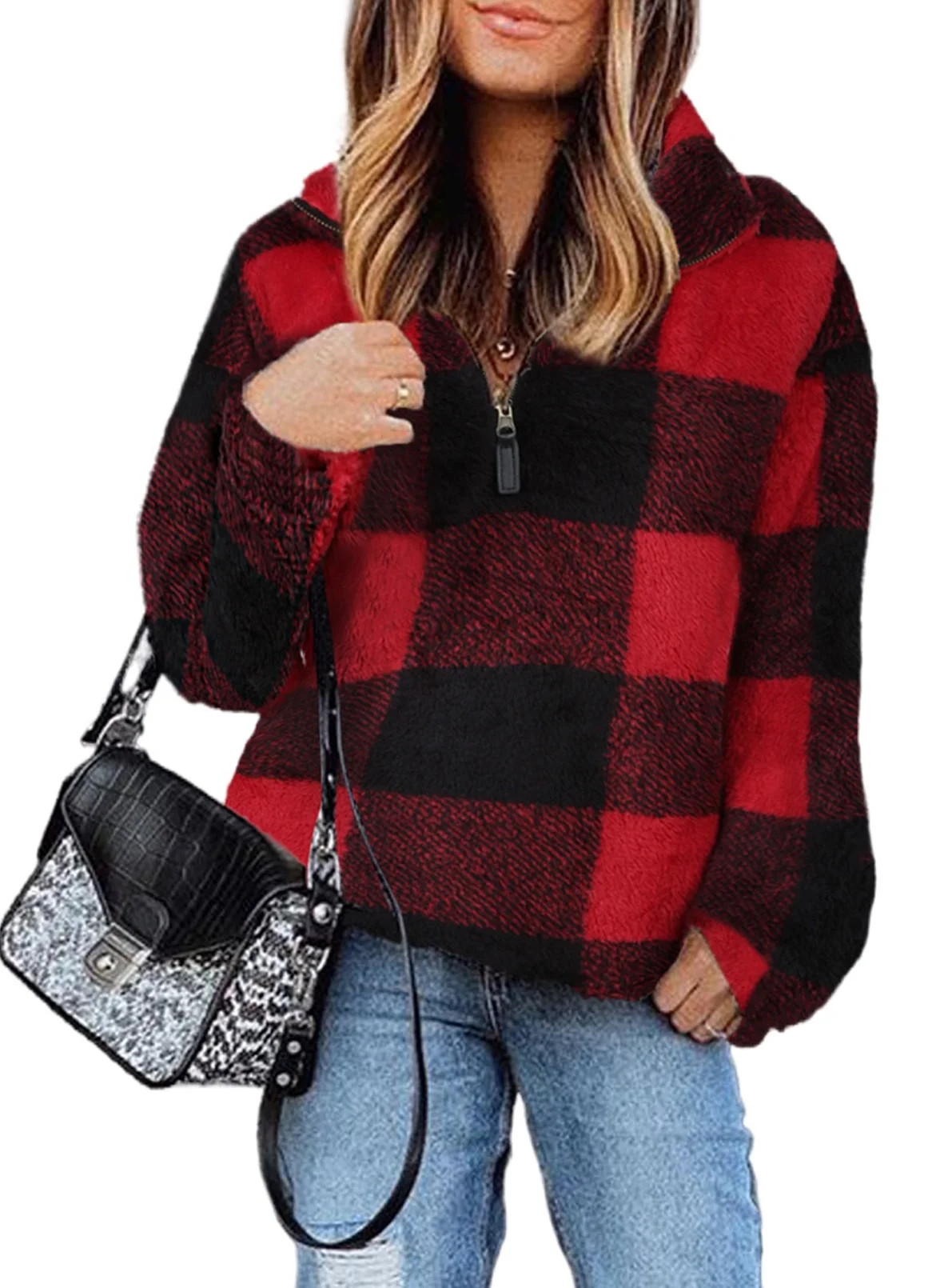 Dokotoo Women's Red Plaid Sherpa Pullover Soft Fleece Jackets Sweaters Sweatshirts Size Medium US... | Walmart (US)