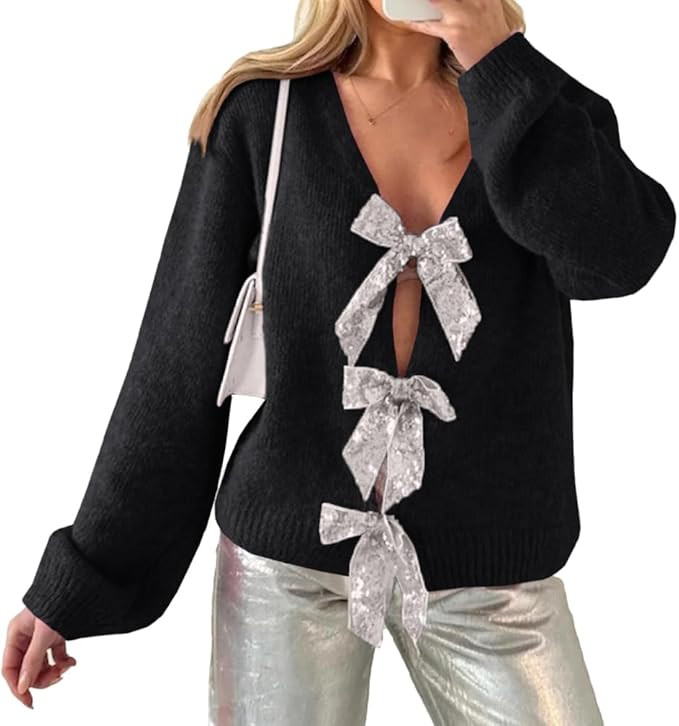 ZDC Womens Bow Sweater Cardigan Trendy Button Down Open Front Sweaters Sexy Knit Fall Coats | Amazon (US)