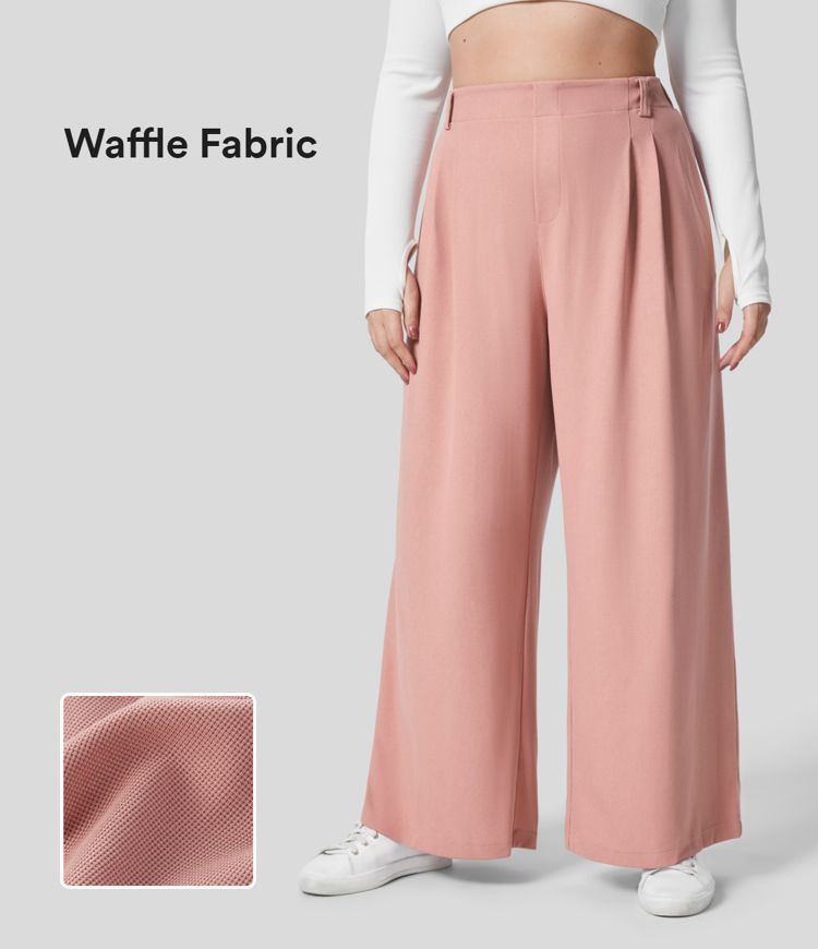 High Waisted Plicated Side Pocket Wide Leg Waffle Work Plus Size Pants | HALARA