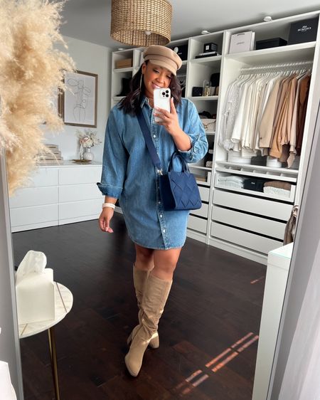 This was definitely my absolute favorite look from my recent denim edit haul. I love this shirt dress! It’s only $35! Runs TTS. I’m wearing an XL but it’s big and I could’ve kept my true size Large. It paired perfect with this tote, my cabbie hat and knee high boots! Love! 

#LTKstyletip #LTKmidsize #LTKfindsunder50