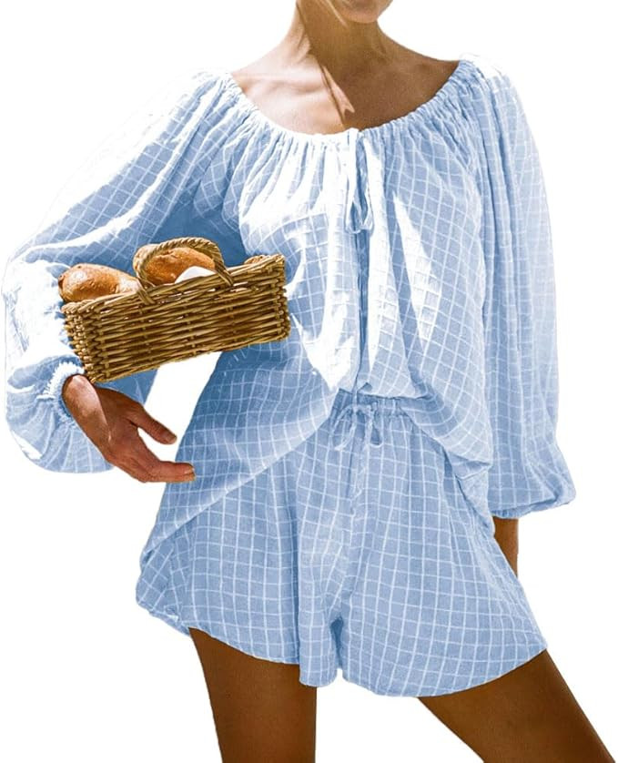 Womens 2 Piece Short Set Oversized Lounge Sets Long Sleeve Top and Shorts Plaid Pajamas Set | Amazon (US)