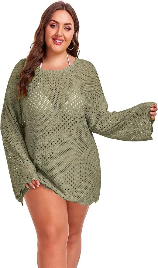 AOVDE Womens Crochet Coverup for Women Plus Size Hollow Out Bikini Swimsuit Cover Ups Long Sleeve... | Amazon (US)