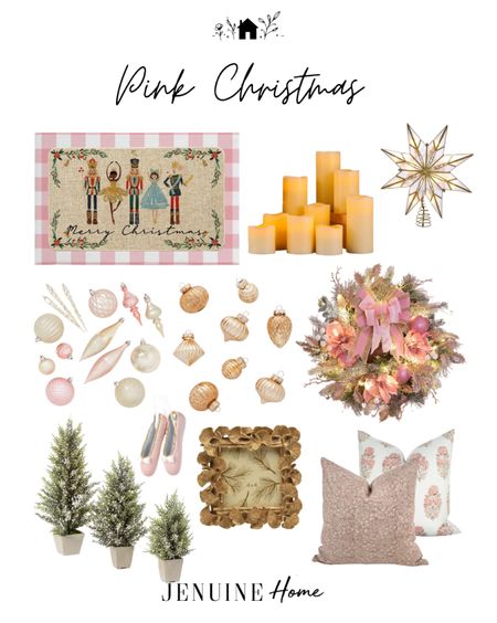 Pink Christmas. Flameless candle. Pre lit pink flocked wreath. Gold ornaments. Pink ornaments. Ballet slipper ornament. Gold ginkgo leaf frame. Mini Christmas tree set. Light up Christmas tree star. Gingham welcome mat. Nutcracker welcome mat. Pink throw pillow. Indian stamp throw pillow  

#LTKhome #LTKHoliday #LTKSeasonal