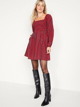 Fit & Flare Long-Sleeve Plaid Seersucker Mini Dress for Women | Old Navy (CA)