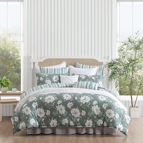 Laura Ashley - Full/Queen Comforter Set, Premium Cotton Bedding with Matching Shams, Includes Bonus Decorative Pillow Covers, Floral Home Decor, Oeko-Tex Certified (Wisley Floral Green, Full/Queen) | Amazon (US)