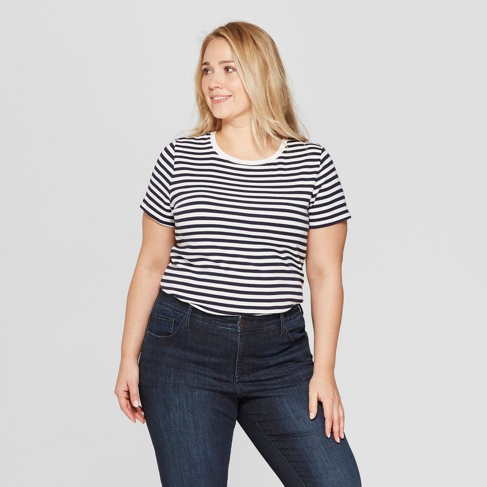 Women's Plus Size Standard Fit Striped Short Sleeve Crewneck T-Shirt - Ava & Viv Navy/White 4X, Blue | Target